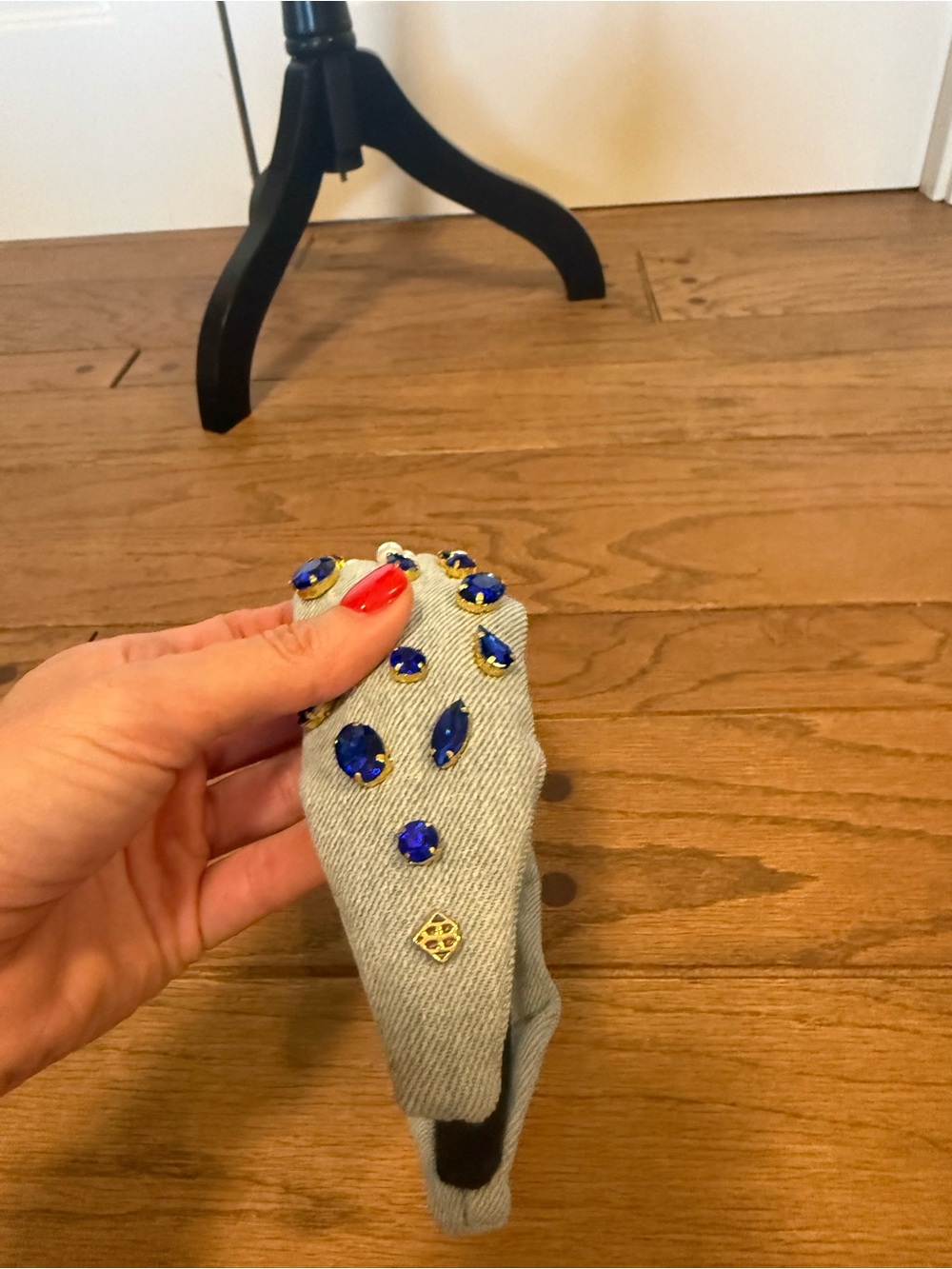 Brianna Cannon denim headband with red, blue and pearl accents - Picture 3 of 6